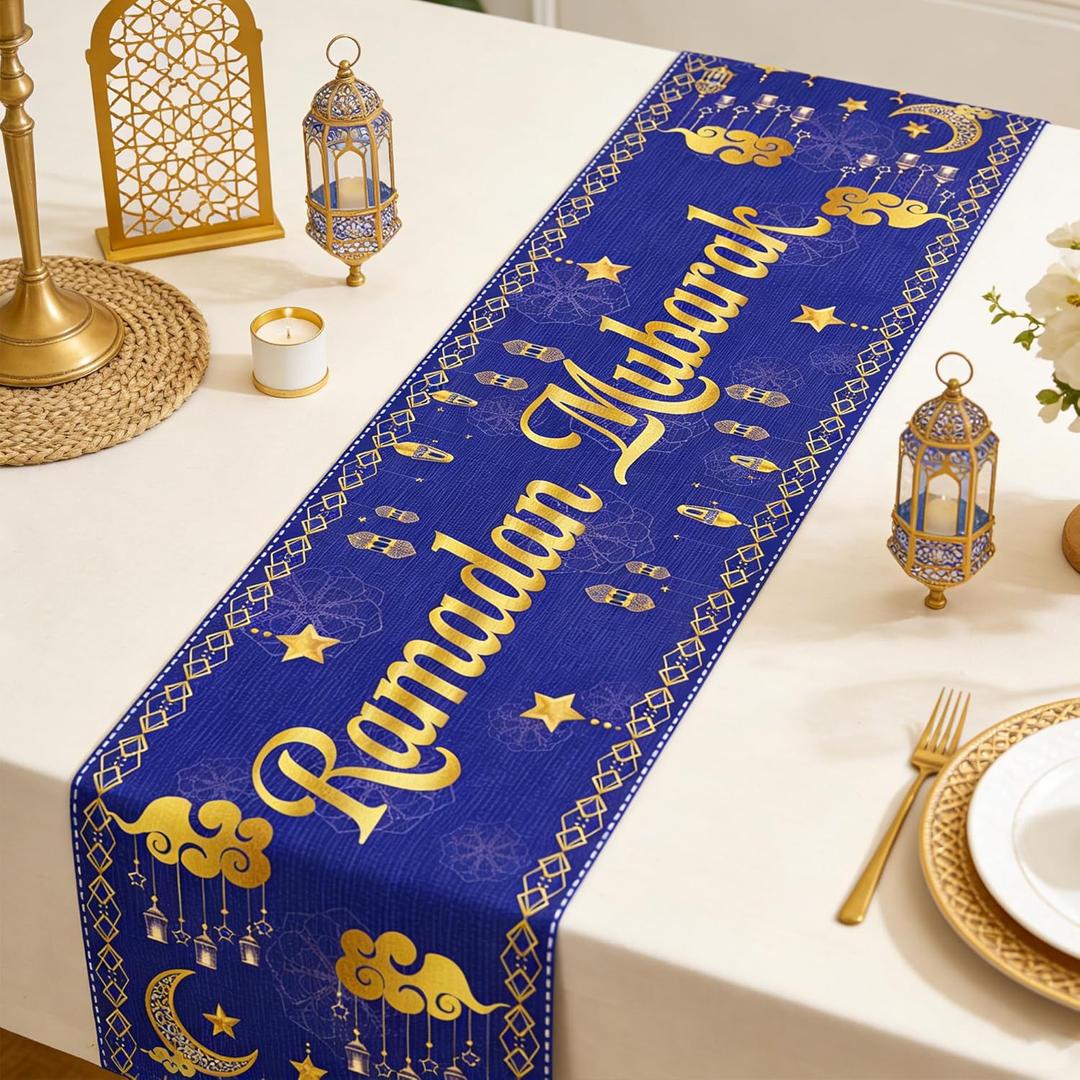 Ramadan Mubarak Table Runner, 13x72 Inch Blue Gold Eid Mubarak Table Runner for Home Party Decoration, Crescent Moon Star Eid Family Party Dining Room Table Decorations