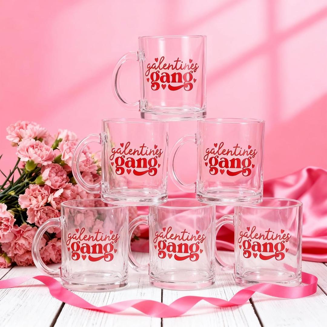 Maxcheck 6 Pack 12 oz Galentines Gang Coffee Mugs Red Pink Glasses Cups Love Drinking Glasses for Valentines Day Party Supplies Gifts
