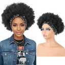 Afro Curly Headband Wig for Black Women,Short Kinky Curly Synthetic Wig with Super Elastic Headband Glueless Quick Wear And Go Fluffy Bouncy Afro Wig for Daily Party(1B-Black) (6 Inch)