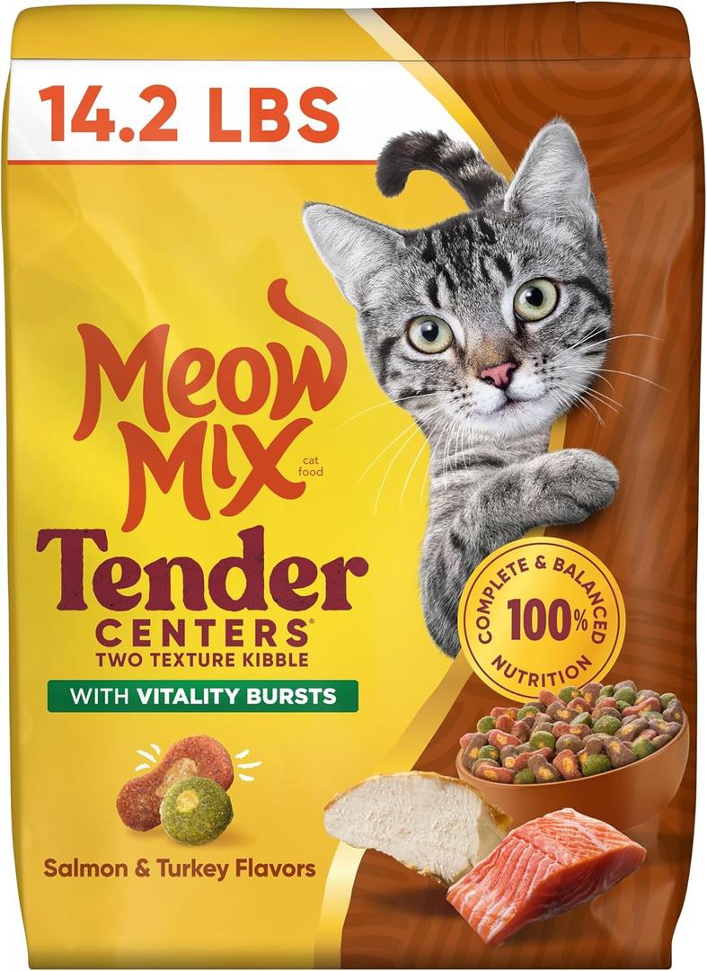 Meow Mix Tender Centers Vitality Bursts, Salmon & Turkey Flavor, Dry Cat Food, 14.2 lb. Bag | Two texture kibble with vitality bursts, meaty center surrounded by a crunchy outer layer, complete and balanced nutrition, BBD 04/26/27 