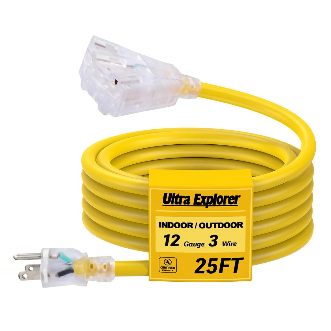 Ultra Explorer 25 Ft Lighted Outdoor Extension Cord with 3 Electrical Power Outlets - 12/ 3 SJTW Heavy Duty Yellow Extension Cable with 3 Prong Grounded Plug for Safety, UL Listed