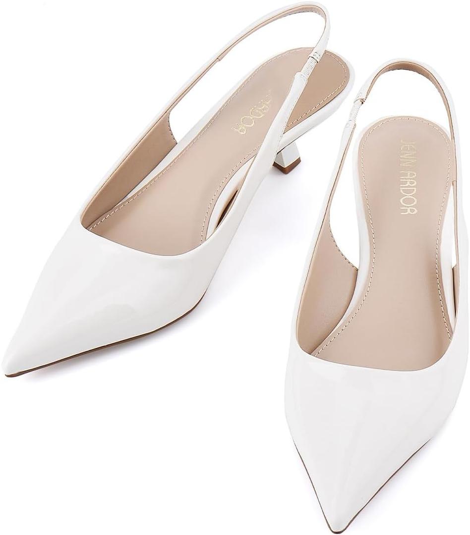 JENN ARDOR Slingback Heels for Women Low Heels Dress Shoes Kitten Pumps Dressy Heeled Sandals Wide Width Fashion Casual Shoes (10, Cream White/Pu)