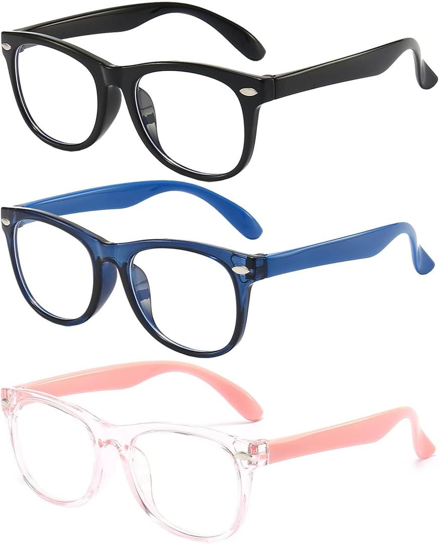 Kids Blue Light Blocking Glasses 3 Pack Fanngo Kids Computer Reading Glasses for Boys And Girls Age 3-9 (Black + Dark blue + Light powder)