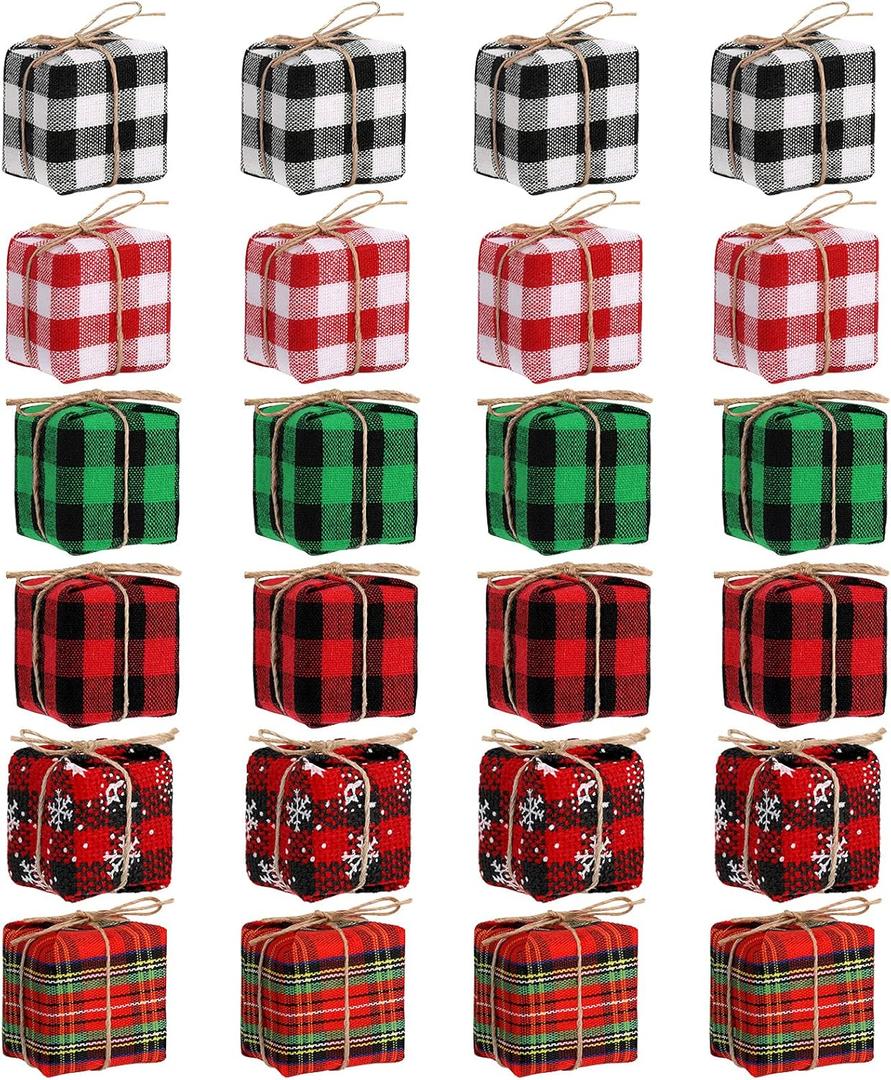 Chivao 24 Pcs Christmas Tree Decorations Mini Presents for Crafts Buffalo Plaid Miniature Box Ornaments Hanging Tiny Wrapped Presents for Xmas Party Decor(1.18 in,Multicolor)