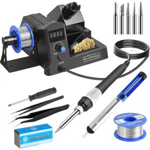 100W Digital Display Soldering Station Kit, Hot Air Rework Station, 5 Extra Iron Tips, Tips Cleaner, Tweezers, Solder Sucker, Auto Sleep, Black