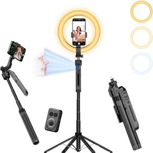 Auto Face Tracking Self Stick Tripod for iPhone with 10" Ring Light Hands-Free 360Adjustable 70.9 Inch Smart Phone Stand with Remote for Content Creator Vlog Video Recording