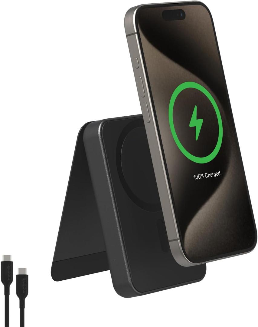 Mophie Snap+ Powerstation Mini with Stand - 5000mAh,15W Qi2 Magnetic Wireless Charger, Portable, Compatible with MagSafe & Qi-Enabled Smartphones, with Kickstand, USB C to USB C Cable Included, Black