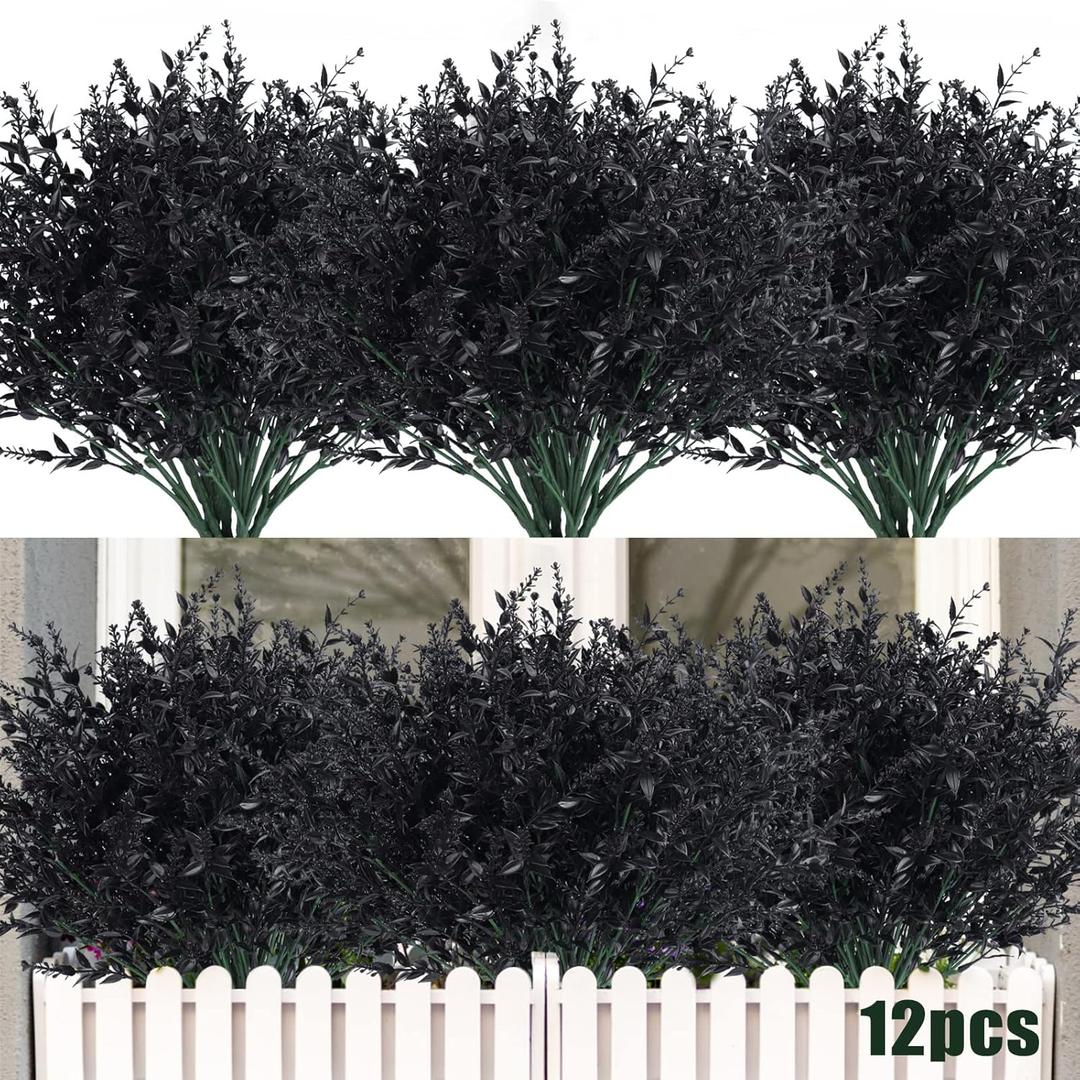RECUTMS 12 Bundles Artificial Flowers Outdoor UV Resistant Outdoors Fake Plants Faux Plastic Flower in Bulk for Hanging Planters Outside Porch Vase Home Window Decoration(Black)
