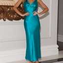 Womens Elegant Satin V Neck Backless Sleeveless Maxi Dress Silk Tie Low Back Formal Cocktail Dresses Wedding Guest (M)
