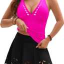 BMJL Womens Tankini Swimsuits with Skirt Tummy Control Bathing Suit V Neck Scalloped Swim Dress (L)