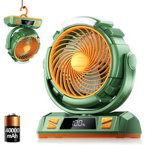 Camping LED Fan with Light, 40000mAh Rechargeable Battery Powered Outdoor Tent Fan with Light and Hook, 6 Speed, Personal USB Desk Fan for Camping, Fishing, Power Outage,Hurricane, Worksite (M23-Green)