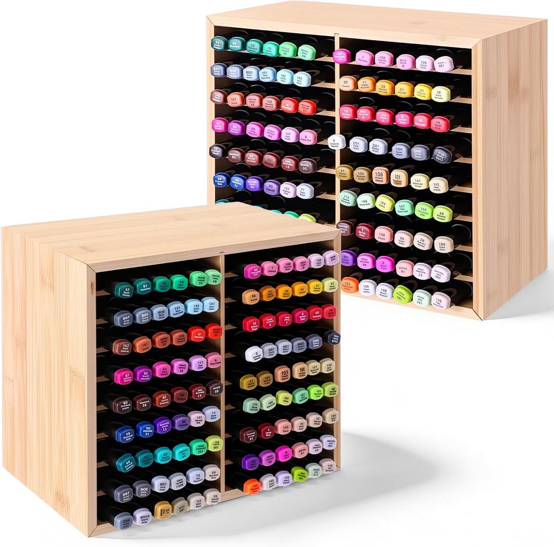 Colingmill 2 Pack Marker Organizer Storage for 126 Markers Bamboo Wood Alcohol Holder Pens Pencils Stationary Holder Art Markers Storage Rack for Home Office Desk Decor, Total 252 Marker