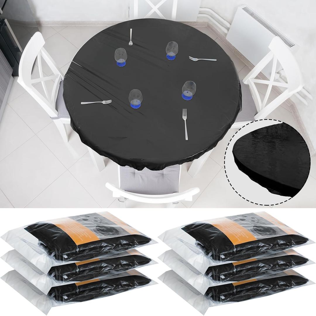 Boao 6 Pcs Round Plastic Fitted Tablecloth with Elastic Edge Design Waterproof Table Cover Plastic Tablecloth Protector for Table(48 Inch,Black)