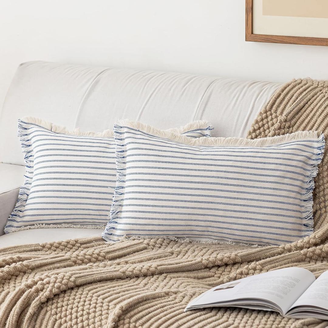 Throw Pillow Covers 12x20 Set of 2 Striped Fringe Pillow Cover Farmhouse Cushion Covers with Tassel Neutral Boho Pillows Decorative Square Pillowcase for Couch Sofa Bed, Blue