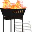 YBING Wood Burning Fire Pit for Outside - 24 Inch Outdoor Fire Pit with Grill, 2-in-1 Square Firepit with Ash Tray and Wood Storage for Camping, Backyard, Patio, Black