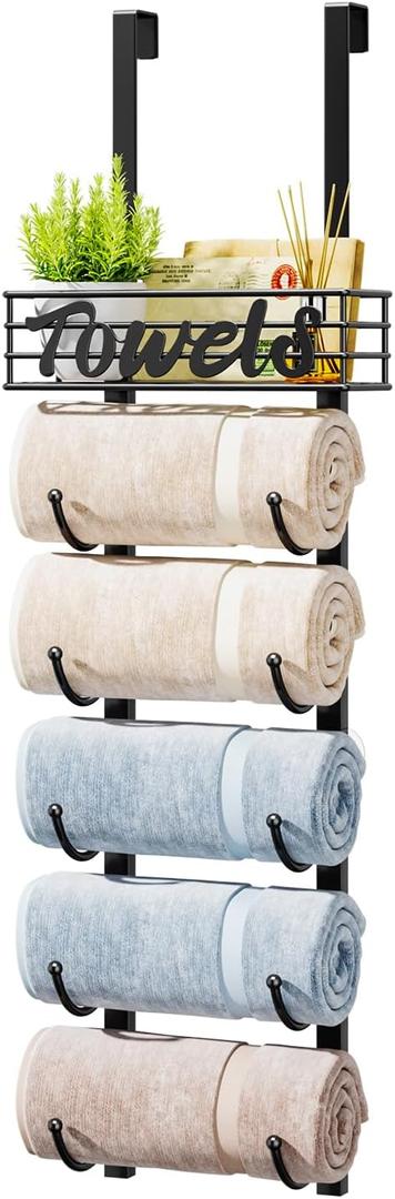 HapiRm Bathroom Towel Rack Holder - 6-Tier Over The Door & Wall Mount Rolled Towel Storage Organizer with Metal Shelf Basket for Small Bathroom, Camper, Rv - Black, Patented