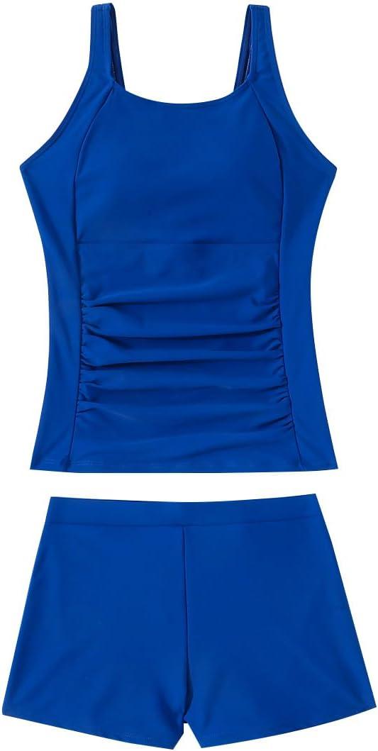 GDTOGRT Girls Tankini Swimsuit 2-Piece Bathing Suits Tankini Top with Swim Shorts for Teens 9-16 (Blue)