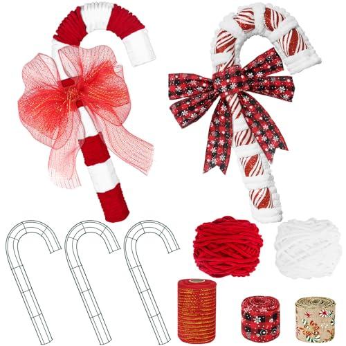 3 Set 16 Inch Large Christmas Candy Cane Shaped Wire Wreath Form, Metal Floral Flower Wreath Frame, J Letter Rings with Chunky Yarn and Ribbon for DIY Christmas Party Home Outdoor Ornaments Decor