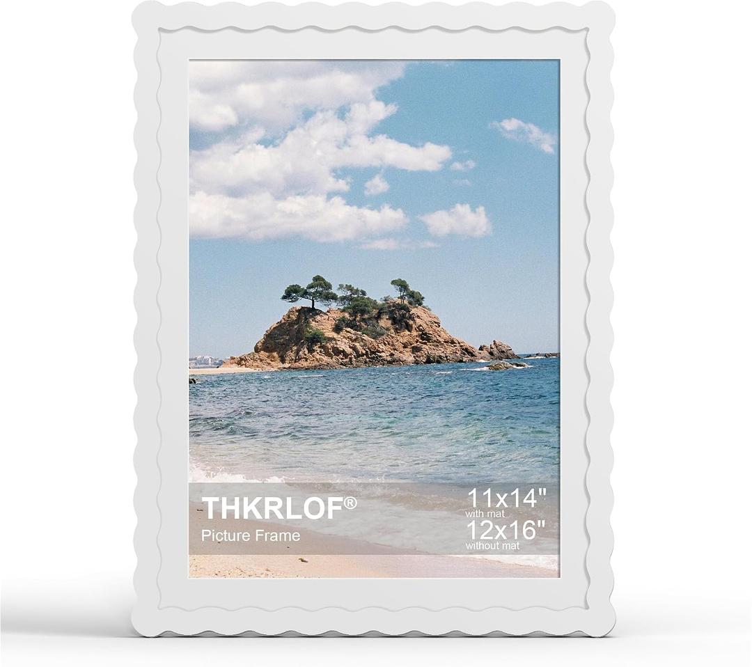 12x16 Picture Frame with Mat for 11x14, Wavy Edge Wooden Real Glass Photo Frame for Wall Hanging, White, 1 Pack