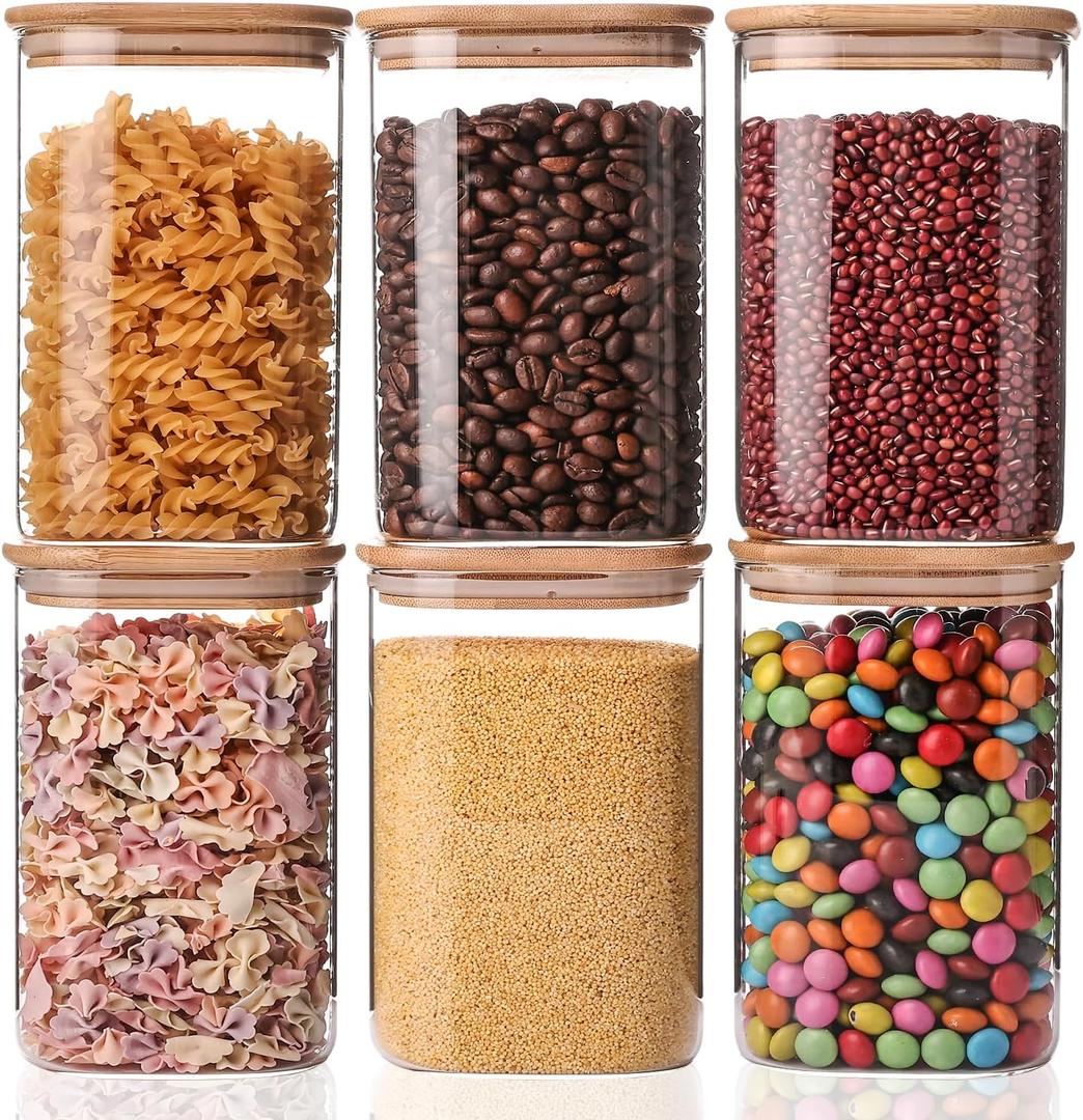 YUNCANG Glass Storage Jars 5 Pack 37oz Clear Glass Food Storage Containers with Airtight Bamboo Lid Stackable Kitchen Canisters for Candy,Cookie,Rice,Sugar,Flour,Pasta,Nuts and Spice Jars(Square)
