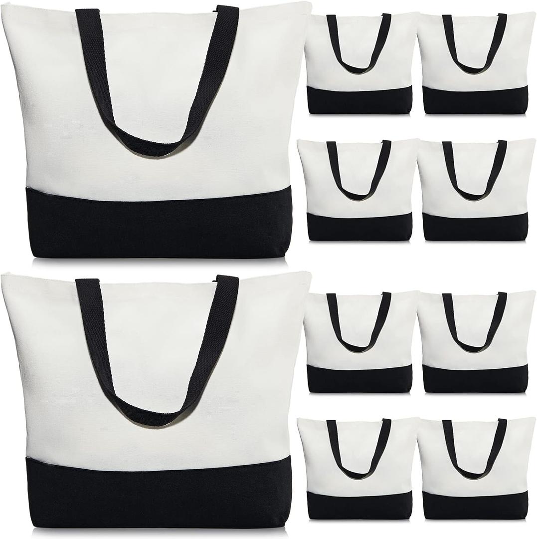 Weewooday 10 Pack Canvas Tote Bag Large Blank Reusable Grocery Bags with Handles DIY Cloth for Shopping Beach Travel (Black, White)