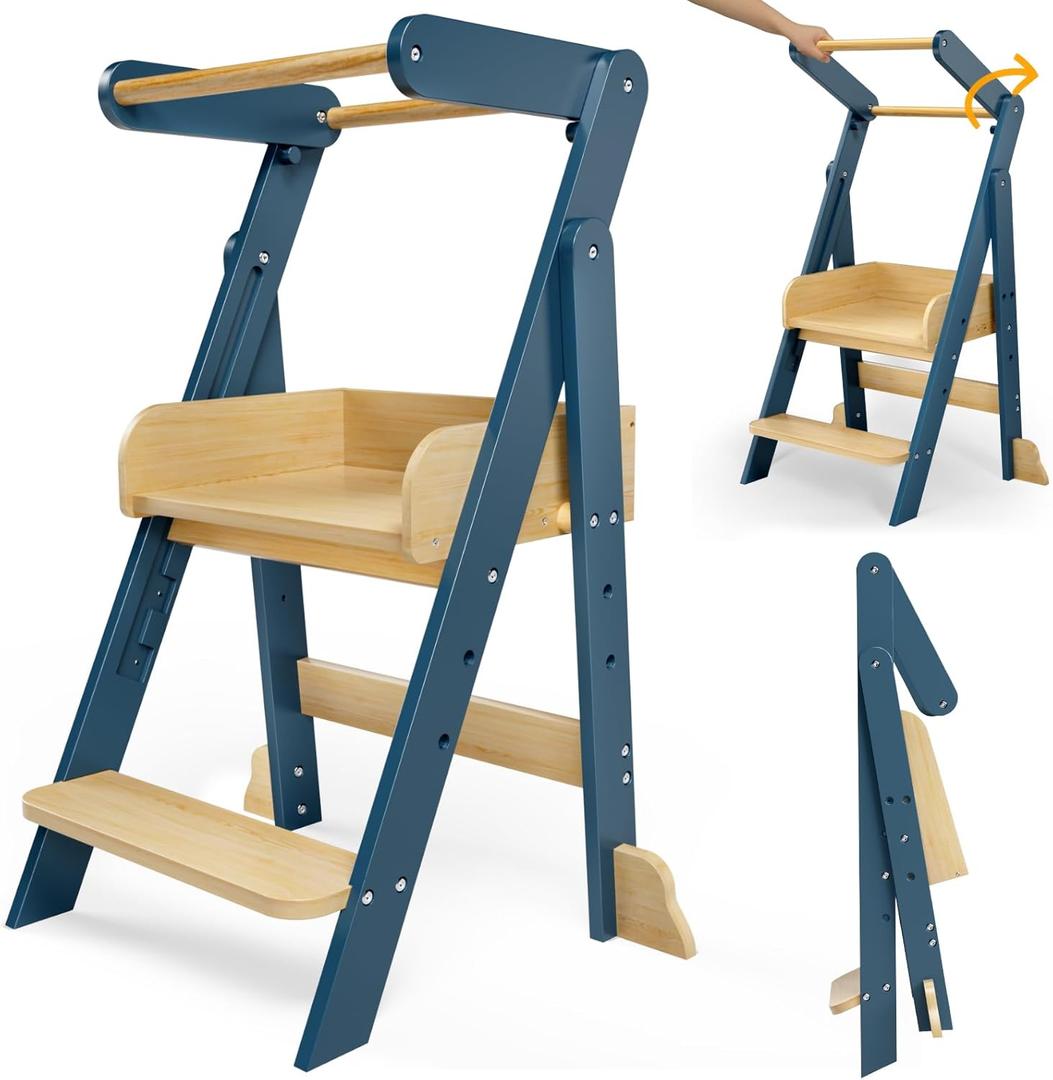 Foldable Toddler Tower with 3 Heights, Kids Step Stool for 1.5-6 Years, Toddler Standing Tower for Bathroom Sink, Stool for Kids Anti-Drop (Blue)