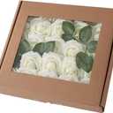 Artificial Flower Rose 25pcs Real Looking Fake Roses for DIY Wedding Centerpieces Arrangements Party Baby Shower Home Decor (Color : Milky White, Size : 25pcs with Leaves)