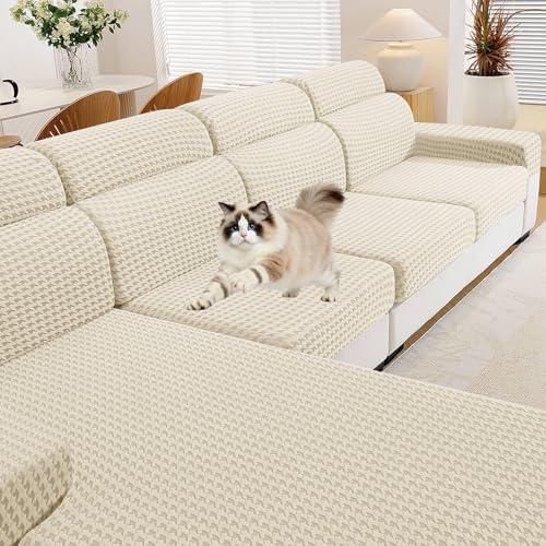 MAXIJIN Couch Cushion Covers for Sectional Sofa, Stretch Sofa Cushion Cover Washable Furniture Protector with Elastic Bottom & Non-Slip Strap for Pets Kids (1PC Seat Cover, Beige)