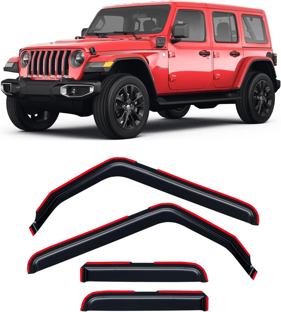 in-Channel Rain Guards for Jeep Wrangler JL 2018-2026/ Jeep Gladiator 2020-2026, Window Visor Shields Vent Deflector Shade Wind Dark Smoke 2019 2021 2022 2023 2024 2025, Tape-On Outside-Mount, 4PCS