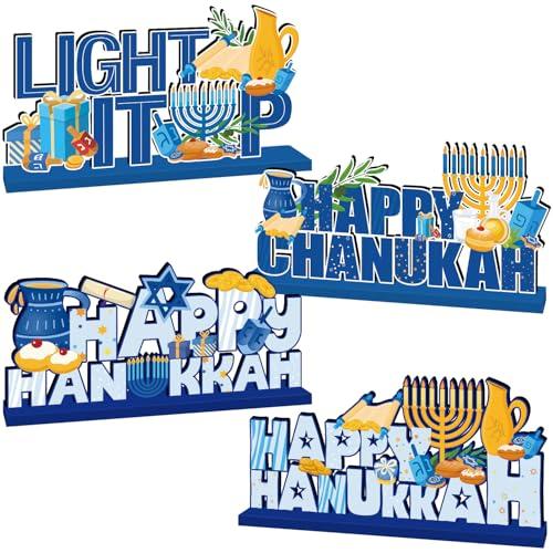 4Pcs Hanukkah Decorations Hanukkah Wooden Table Centerpieces Menorah Dreidel Star of David Signs for Winter Hanukkah Decor Party Hanukkah Jewsih Hanukkah Decorations for Home