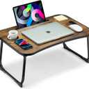 Foldable Lap Desk, Laptop Bed Desk, Portable Lap Table, Laptop Bed Table with Cup Holder & Tablet Slot & Lifting Handle for Working Writing Drawing & Eating - Gray Wood