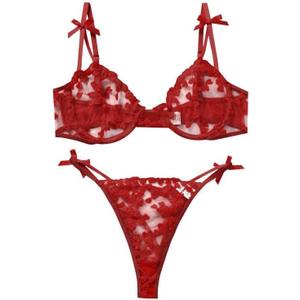 Sexy Underwire Cute Push Up Strappy Embroidered Mesh Sheer Lingerie Set See Through Panty Bra (Medium)
