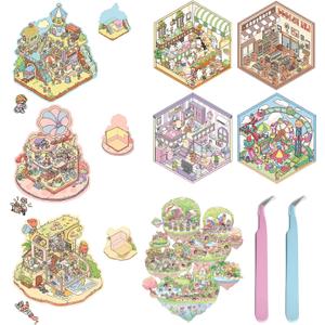 3D Scene Stickers, 8 Sets Multi Themed Cartoon DIY Handcraft 3D House Stickers Therapy for Adult, Cute Cartoon Animal Sticker for Adult Relief Stress Pass The Time