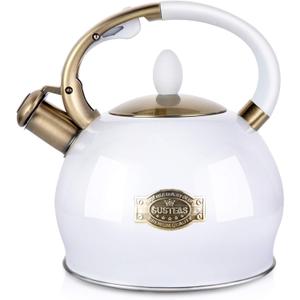 SUSTEAS Stove Top Whistling Tea Kettle - Food Grade Stainless Steel Teakettle Teapot with Cool Touch Ergonomic Handle, With 1 Silicone Pinch Mitt Included, 2.64 Quart(WHITE)