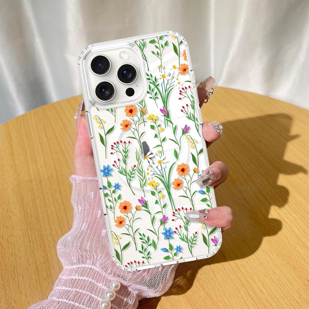 KANGHAR Magnetic Made for iPhone 16 Pro Case Clear Compatible with MagSafe Flowers Floral Pattern Soft TPU Bumper Shockproof Anti-Scratch Phone Cover for iPhone 16 Pro Cases(A)