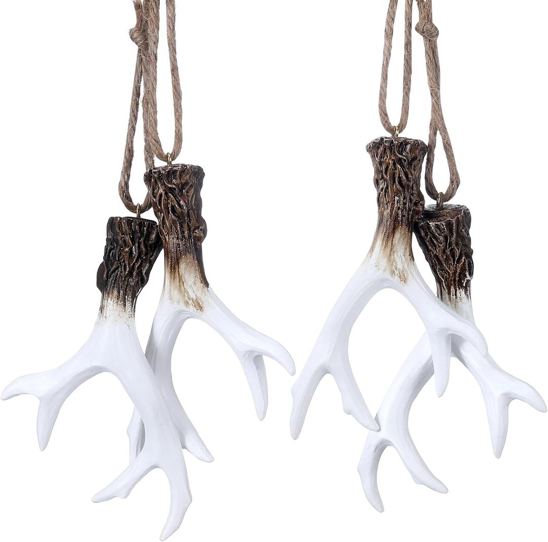 2 Pairs of Deer Antler Ornaments Deer Antler Car Mirror Hanger Hunting Ornaments for Cars Trucks Trees Rustic Faux Hunting Outdoors Home Decor for Hunters (White,Elegant)