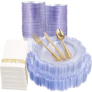 PULOTE 175PCS Purple Plastic Plates - Clear Plastic with Purple Rim - Include 25 Each (Dinner & Dessert) Plates, 25 Guests Cutlery, 25 Cups, 25 Napkins for Party & Spring, 10.25inch,7.5inch