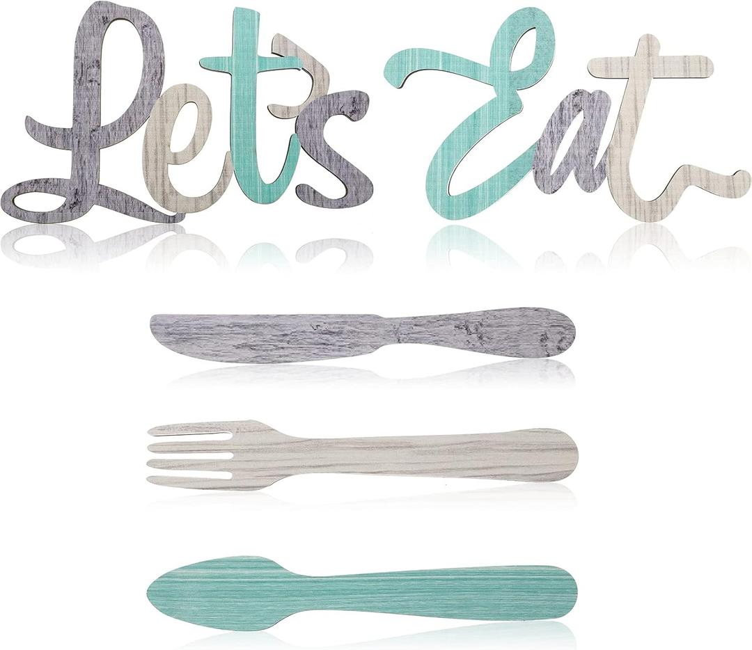 Jetec 5 Pcs Let's Eat Sign Kitchen Wall Decor Fork Spoon Knife Kitchen Decor Sign Rustic Farmhouse Wooden Wall Decorations for Home Dining Room Bar Cafe Restaurant(Gray, Beige, Green)