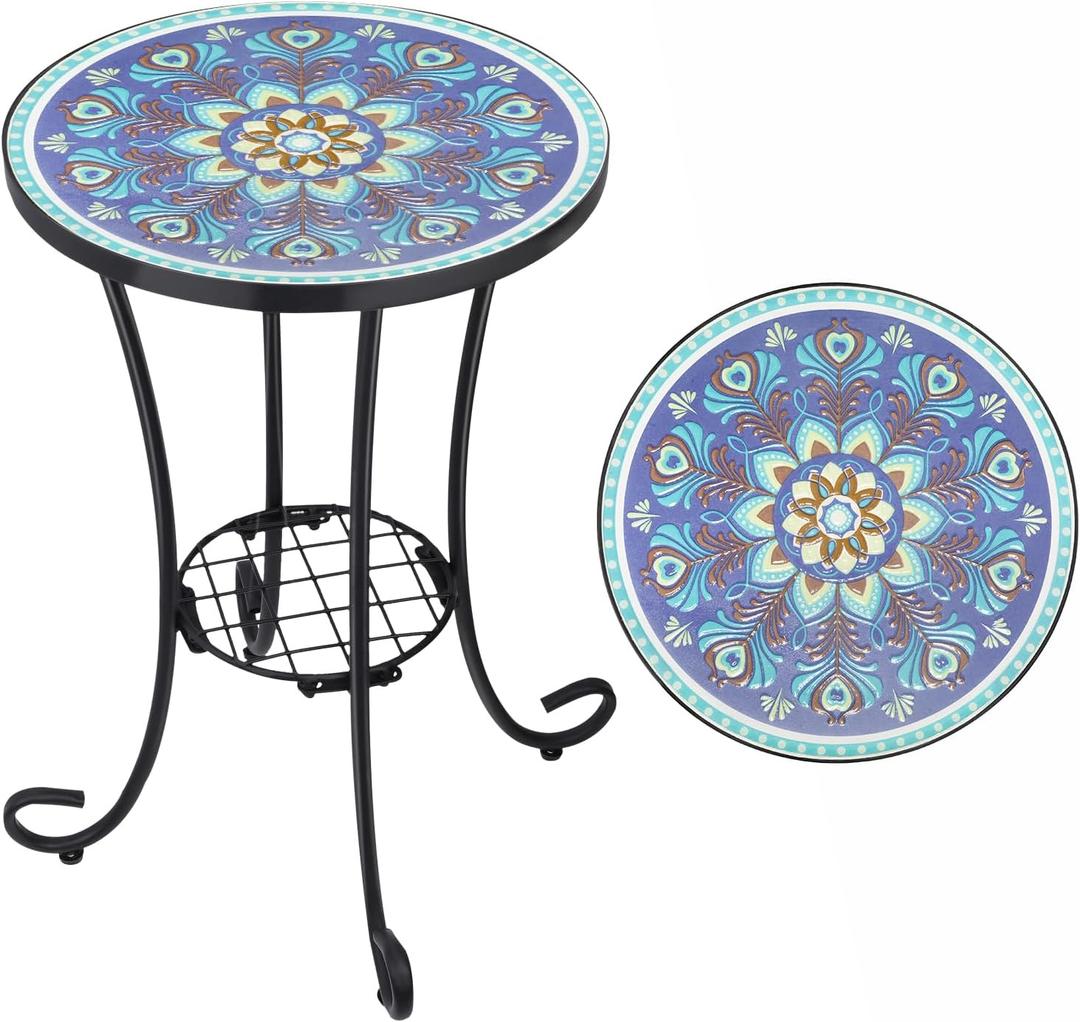 VCUTEKA Outdoor Side Table Mosaic Patio Table Accent Tables Mosaic Tile Top Metal Frame Small End Tables Porch Beach Patio Garden Balcony Peacock Feather 14''