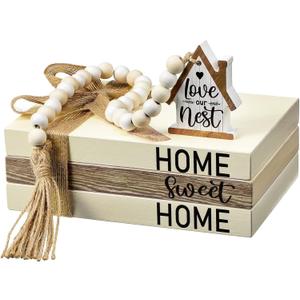 Tatuo 4 Pcs Wooden Farmhouse Decorative Books for Home Decor Coffee Table Faux Books for Decoration White Fake Decorative Home Sweet Stacked Display Set with Beads Garland Shelf Living Room Decor