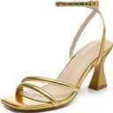 Goderci Women's Kitten Strappy Mid heels Square Open Toe Ankle Strap Heeled Sandals (Gold)size 9
