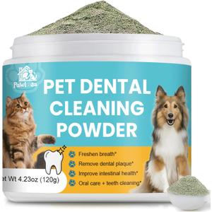 Pet Dental Powder for Dogs and Cats - Dog Teeth Cleaning Powder for Breath Freshener, Oral Care with Natural Herbal Blend & Tartar Remover for Dogs, Dog Teeth Cleaning + Postbiotics (60 Servings), EXP: 04/27/2027
