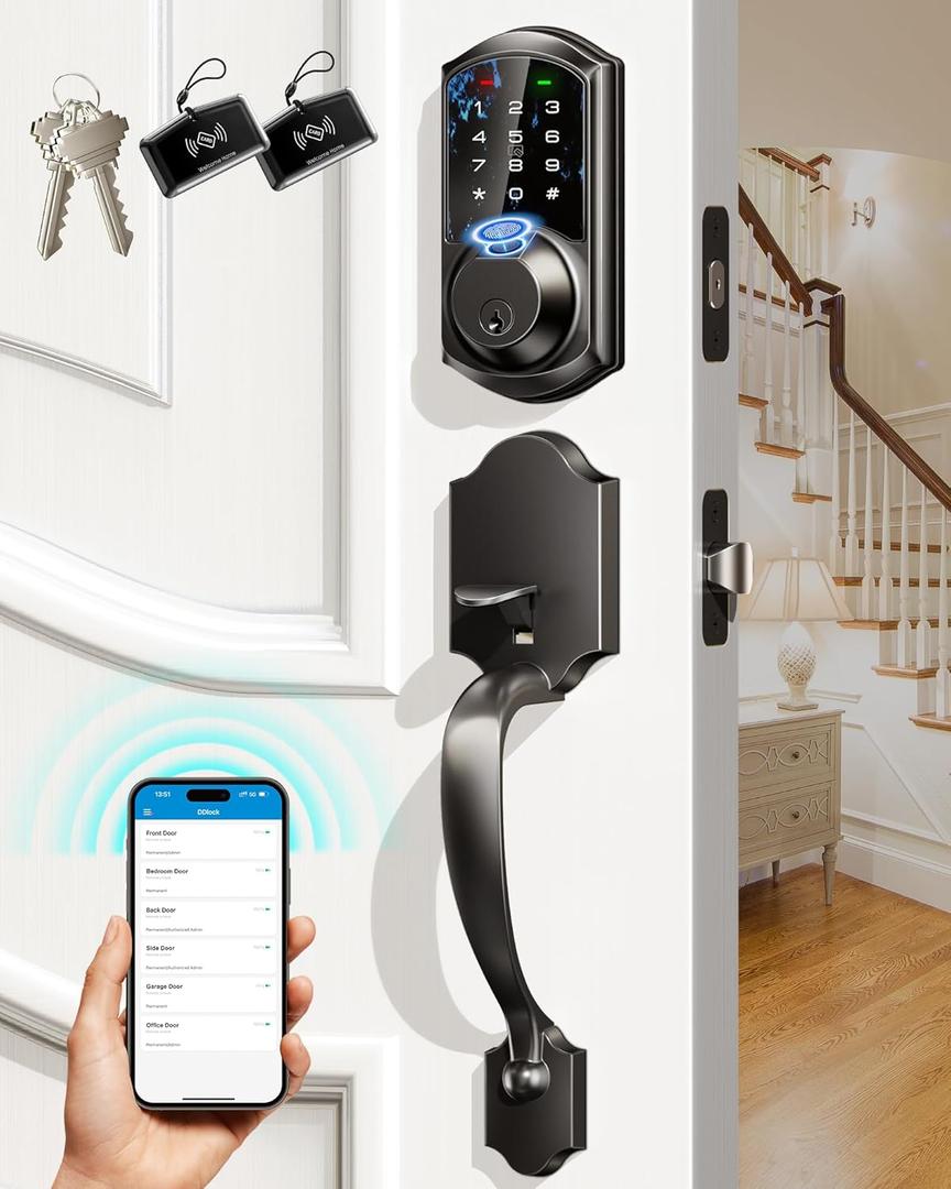 Veise Fingerprint Smart Locks for Front Door with Handle Set, App Control, Keyless Entry Keypad Deadbolt, Digital Electronic Touchscreen, Easy Install, Auto Lock, Matte Black (Matte Black)