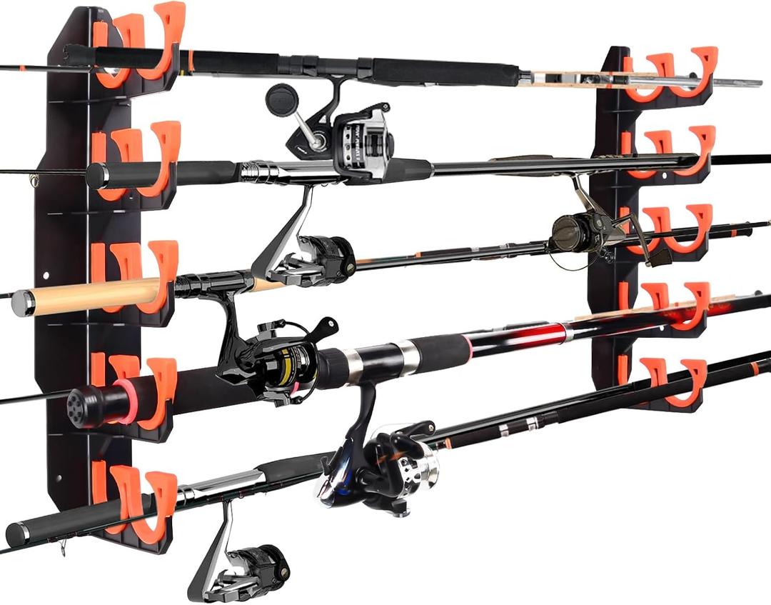 Hikeen Fishing Rod Holders, Fishing Pole Holders for Garage, Wall or Ceiling Mounted Fishing Rod Rack Holds Up to 10 Rods（1 Pack）