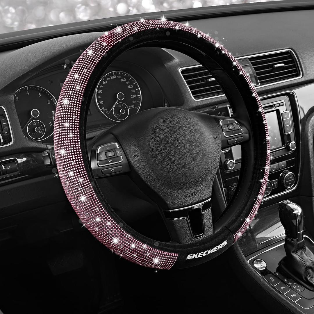 Skechers Womens Bling Steering Wheel Cover, Velvet with Sparkly Crystal Rhinestones, Stylish Car Interior Gift, Universal Fit 14" 1/2-15" for Cars, SUVs, Trucks, Pink Diamond