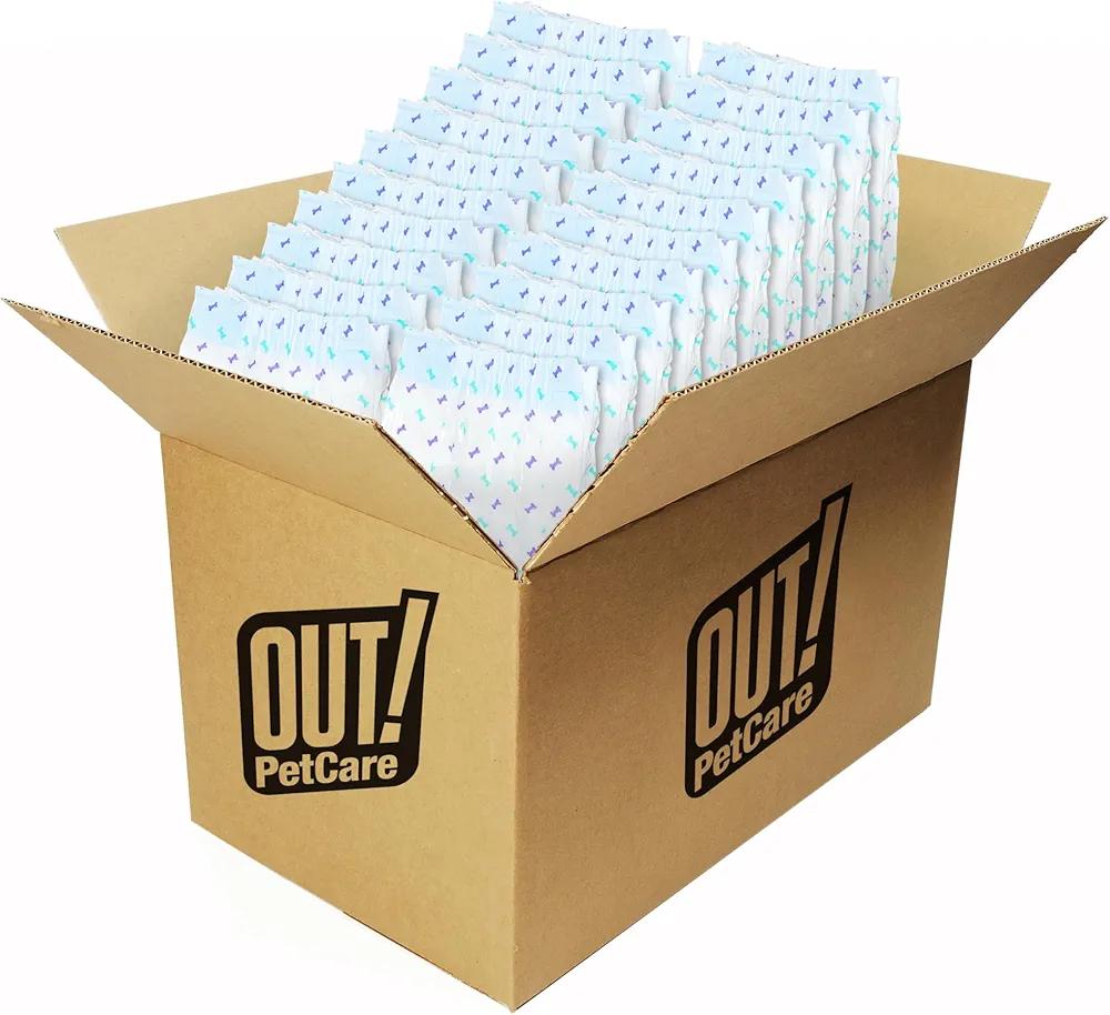 OUT! Petcare Disposable Dog Diapers for Female Dogs, Dog Heat Diapers, Female Dog Period Pads, Female Doggy Diaper for Peeing, Pet Diapers for Medium Dogs, 18”-25” Waist, Medium/Large, 96 Count