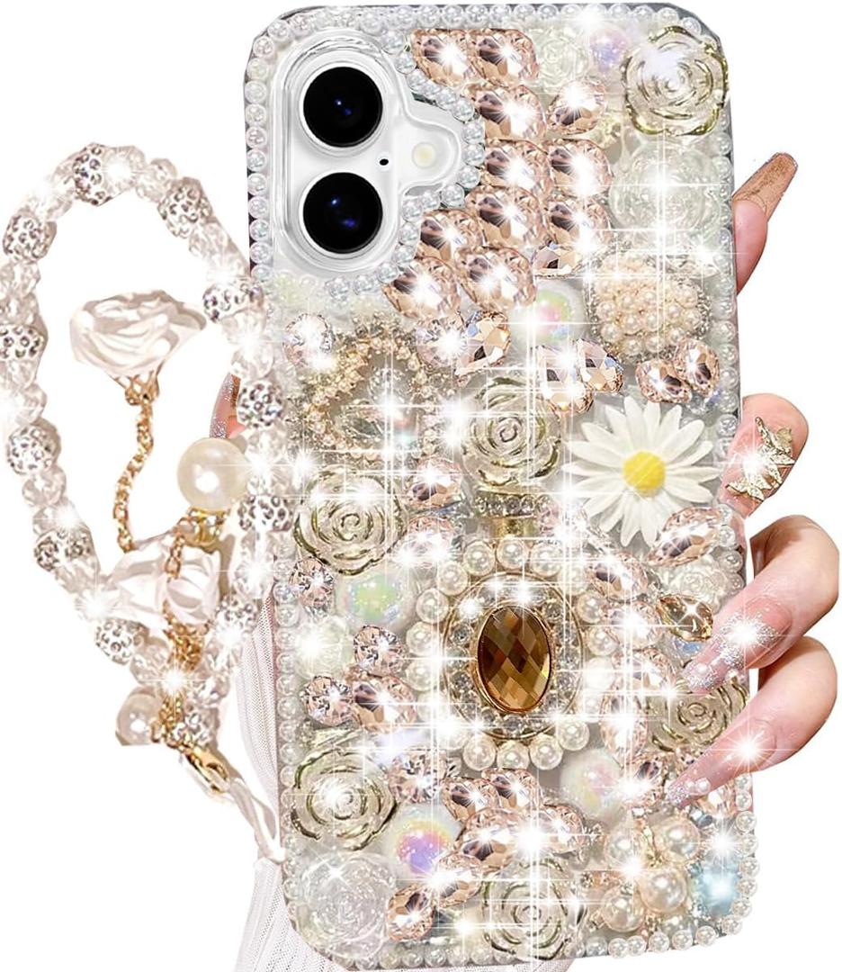 for iPhone 16 Plus Glitter Bling Case,Cute Luxury 3D Sparkle Queen Crystal Rhinestones Flowers Diamond Pearl Gems with Lanyard Wrist Strap Women Girls Phone Case for iPhone 16 Plus 6.7",White