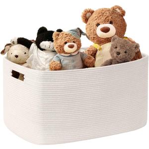 45L Small Baby Girls Laundry Basket for Nursery Storage,Cute Woven cotton Rope Baskets for Kids ToyGifts,Boho Square Wicker Blanket hamper for Living Room,Bedroom Dirty Clothes, White
