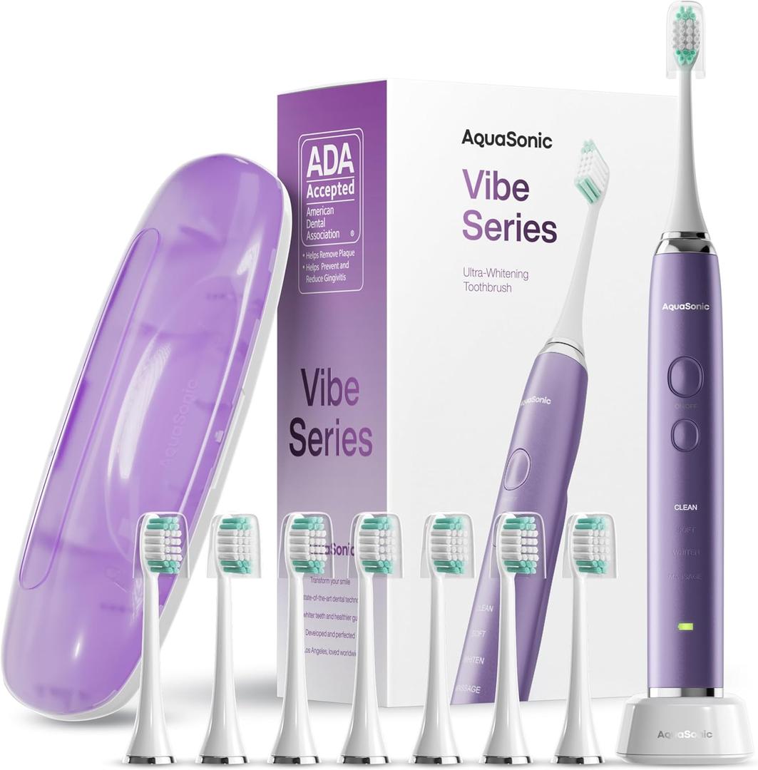 Aquasonic Vibe Series Ultra-Whitening Toothbrush  ADA Accepted Electric Toothbrush - 8 Brush Heads & Travel Case  40,000 VPM Motor & Wireless Charging - 4 Modes w Smart Timer  Satin Violet