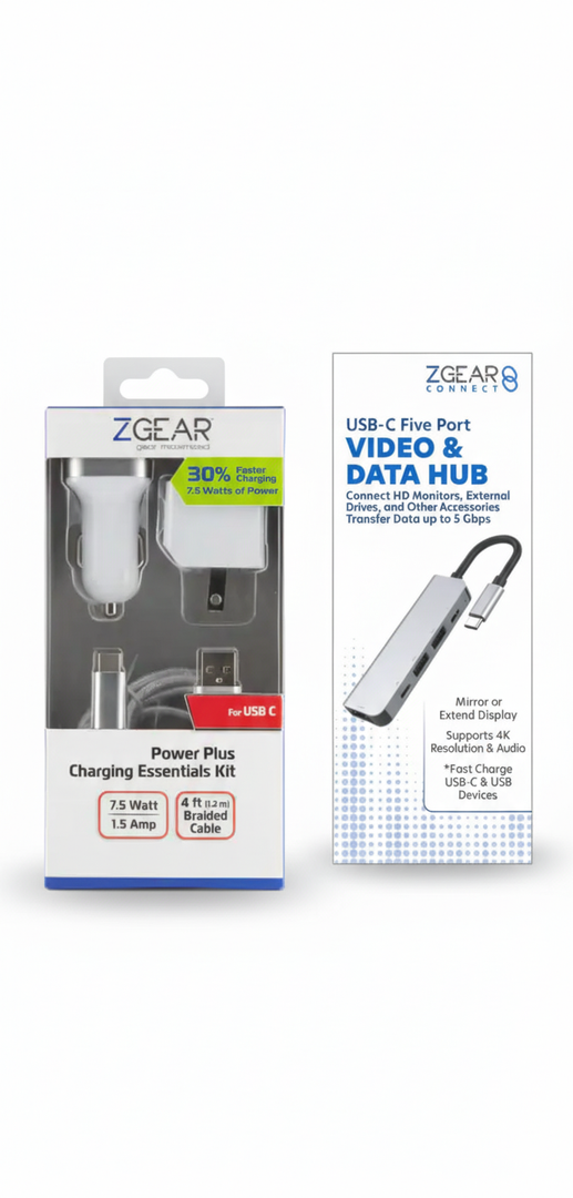 Set 2 Pack ZGEAR Power Plus Charging Essentials 3pc Kit For USB-C And Five Post USB-C Video Data Nub